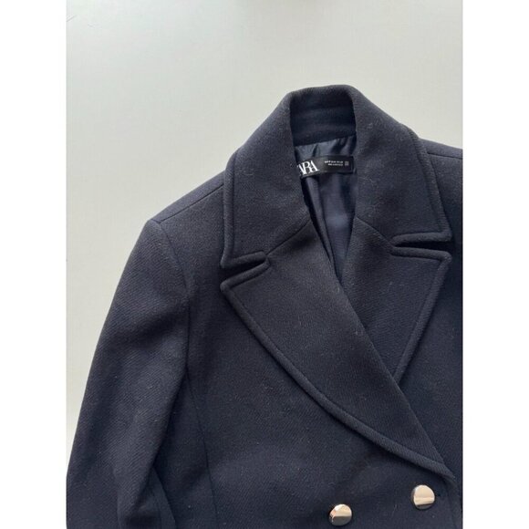 ZARA Navy Blue Wool Blend Double Breasted Short Peacoat Coat, Size M - Picture 7 of 12